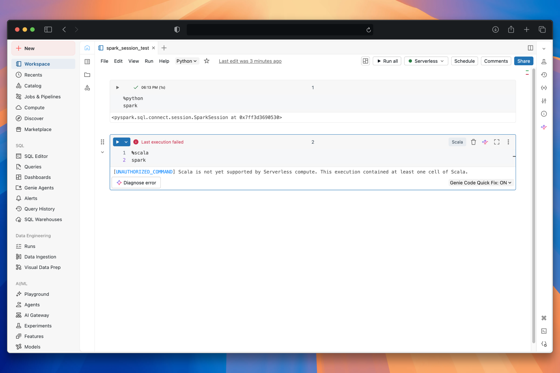 Databricks Serverless Python notebook showing Spark Connect SparkSession
