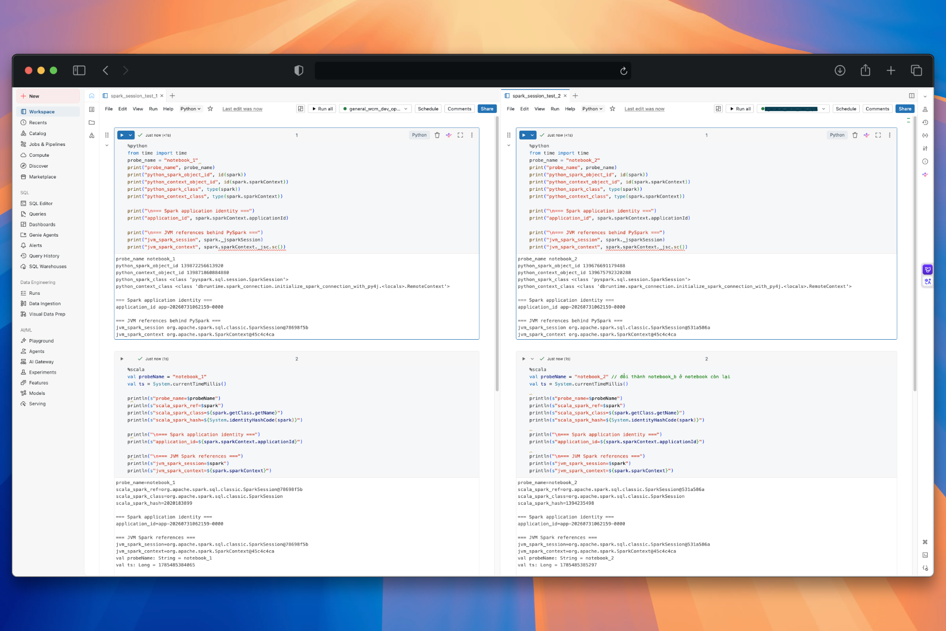 Databricks All-purpose Dedicated two notebooks inspecting shared SparkContext and per-notebook SparkSession